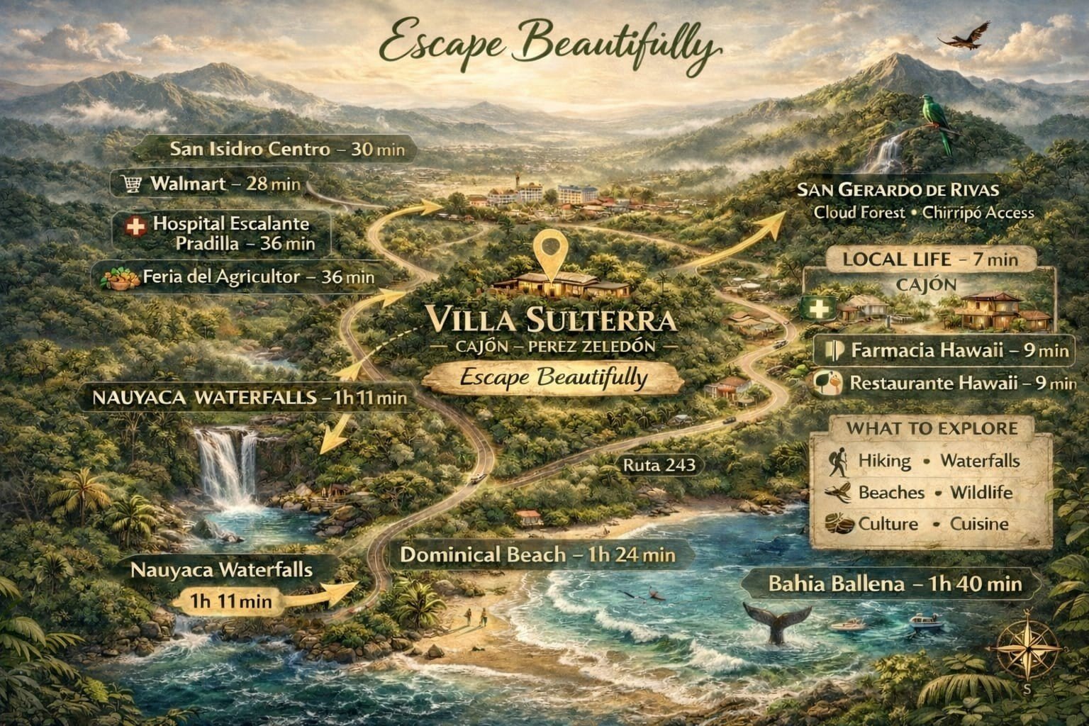 Map showing the location of Villa Sulterra and nearby attractions in Pérez Zeledón, Costa Rica